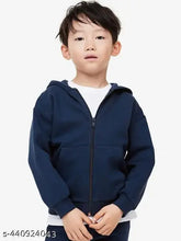 Navy solid cotton fleece hoodie for kids, soft brushed inside with long sleeves, kangaroo pockets, and ribbing around cuffs & hem. Sizes 3-14 years, made in India