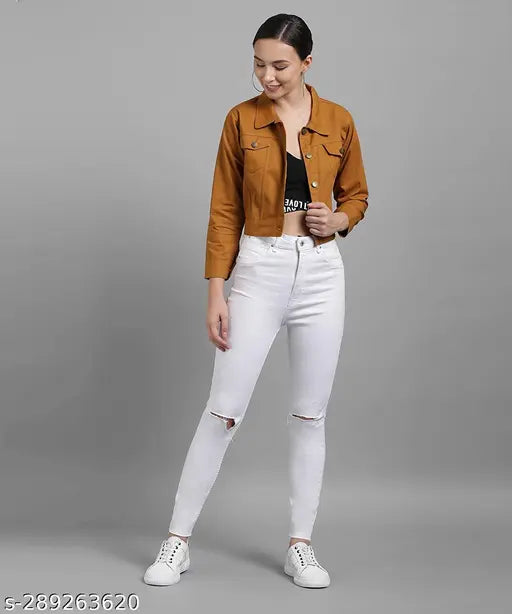 Cream-colored women's denim jacket for both women and girls, long sleeves, solid design, great for casual or formal occasions, machine washable, perfect for pairing with joggers or jeans, quality made in India