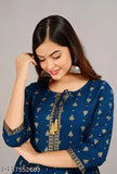Rayon three-quarter sleeve printed Anarkali gown with jari work, available in various sizes (S-XXXL), Indian-inspired fashion apparel