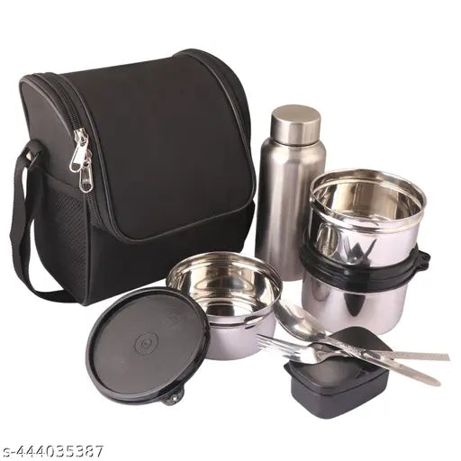 Stainless steel Topware office lunchbox with insulated bag, includes 1*500ML container, 2*450ML containers, and 1-500ML bottle - India-made corporate basic microoven lunchbox set