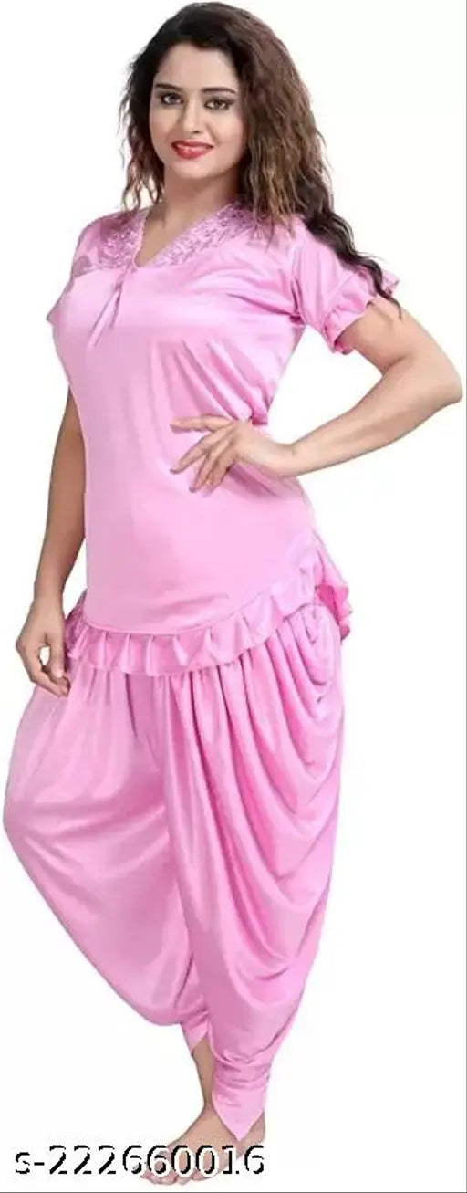 Baby pink satin night suit with partiala pants and short sleeves by KLEIDUNG Parjet - perfect for women and girls