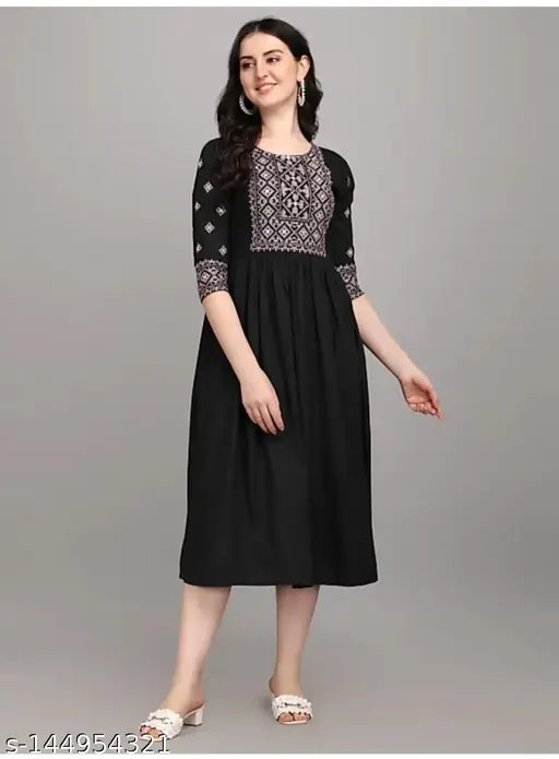 Black rayon embroidered flared kurti, intricate design, ideal for parties, India-origin