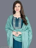 Dark blue cotton blend embroidered kurti pant and dupatta set, traditional wear with straight cut and three-quarter sleeves. Soft cotton fabric, vibrant print, suitable for casual, party, evening wear. Sizes: S (36in bust, 14in shoulder), M (38in bust, 14in shoulder), L (40in bust, 15in shoulder), XL (42in bust, 15in shoulder), XXL (44in bust, 16in shoulder). Country of Origin: India