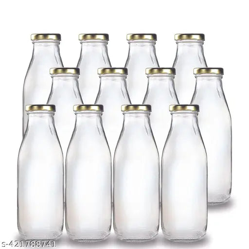 Clear glass fridge bottles (0.5L), airtight and leak-proof, pack of 12 for milk, water, or shakes. Ideal for fridge storage in India