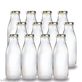 Clear glass fridge bottles (0.5L), airtight and leak-proof, pack of 12 for milk, water, or shakes. Ideal for fridge storage in India