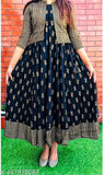 Blue printed rayon Anarkali-style sleeveless kurti, traditional Indian winter wear