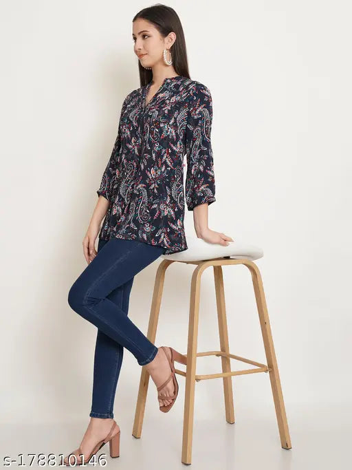 Black viscose rayon longline top, 9 Impression women's mandarin collar floral print with three-quarter sleeves