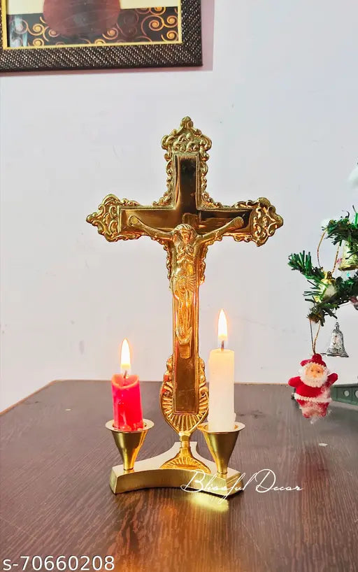 Brass Lord Jesus Christ on Cross Idol Crucifix with candle stand - Detailed brass Christian cross decor for homes or religious gatherings, 13 cm L x 23 cm H x 10 cm B