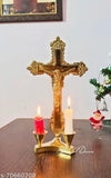 Brass Lord Jesus Christ on Cross Idol Crucifix with candle stand - Detailed brass Christian cross decor for homes or religious gatherings, 13 cm L x 23 cm H x 10 cm B