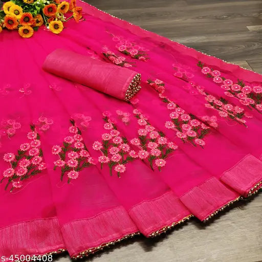 Indian Net Moti Lace Floral Embroidered Saree with Unstitched Art Silk Blouse, perfect for parties & festive wear