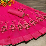 Indian Net Moti Lace Floral Embroidered Saree with Unstitched Art Silk Blouse, perfect for parties & festive wear