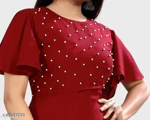 Maroon rayon embellished net frock for girls (6-7, 9-10, 10-11 years), Indian handcrafted workwear with short sleeves and full length