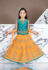 Kids girls satin lehenga choli with super net dupatta, embroidered & solid patterns, 3/4 sleeves. Available in various sizes from 2-9 years. Indian handcrafted festive wear