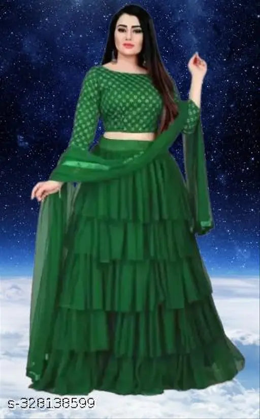 Heavy ruffle embroidered net lehenga choli (40in), semi-stitched in satin & free-size dupatta (2in), Indian designer women's fashion