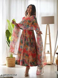 Georgette and soft silk pink kurta with dupatta, printed set with three-quarter sleeves. Indian women's fashion on model
