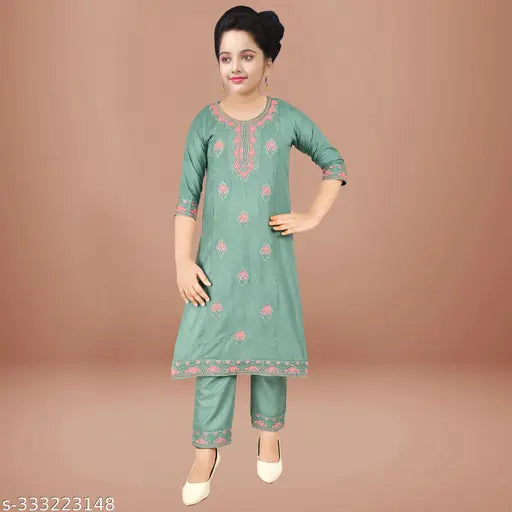 Girls all-over rayon embroidered kurta with trouser set, 4-16 years, A-line, knee-length, three-quarter sleeves, India origin