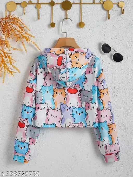 Vibrant cat design crop top for girls, long sleeve cotton blend, printed pattern