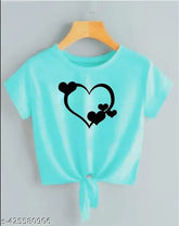 Sea green lycra crop top with three heart prints, women's short sleeves clothing from India