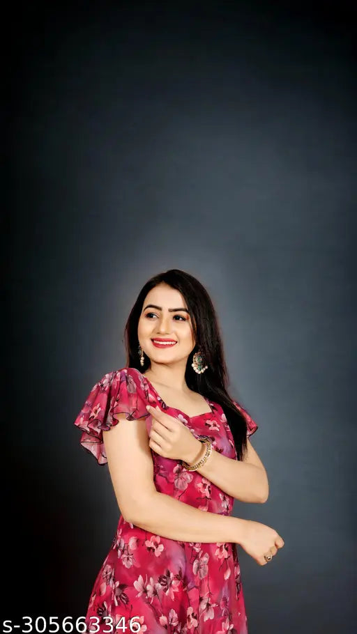 Fancy Georgette kurta with short sleeves and floral print for women, big sizes available, exclusive anarkali style