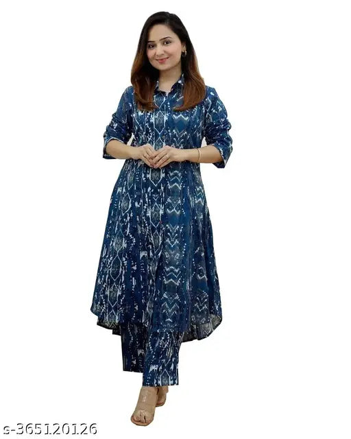 Blue floral printed cotton Anarkali gown with three-quarter sleeves, rayon lining - Women's ethnic style for casual wear