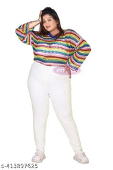 Plus size denim jeggings in solid white. Stretchable full-length Fitwings jeans with high rise and elastic waistband, available in sizes 5XL to 10XL. Indian-made premium quality denim Lycra jeggings for women