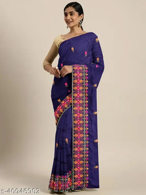Georgette thread-embroidered border party saree in satin silk blouse, Indian handcrafted women's casual wear