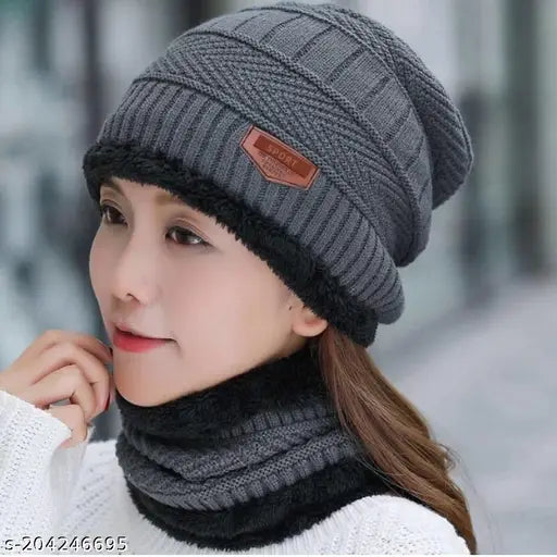 Grey woolen beanie cap and gloves set for extra cold protection, trendy winter wear by HIGHEX