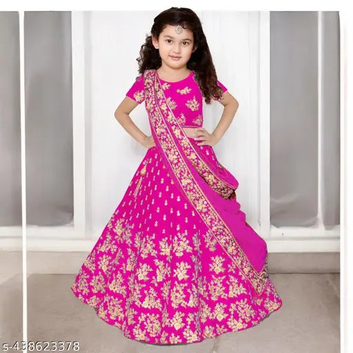 Embroidered silk lehenga choli on net dupatta for kids aged 1-15, Indian traditional attire with short sleeves