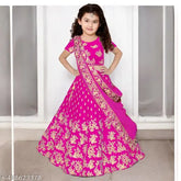 Embroidered silk lehenga choli on net dupatta for kids aged 1-15, Indian traditional attire with short sleeves