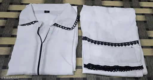 White rayon kurta pant set, printed net design, single size available
