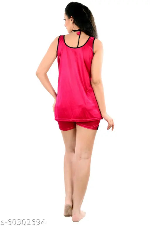 Red satin sleeveless top & shorts set by Nightdoll, comfortable Indian-made women's nightwear for special nights