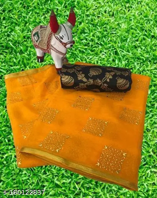 Attractive chiffon saree with brocade blouse, printed pattern and zari woven detail, Indian origin in free size catalog