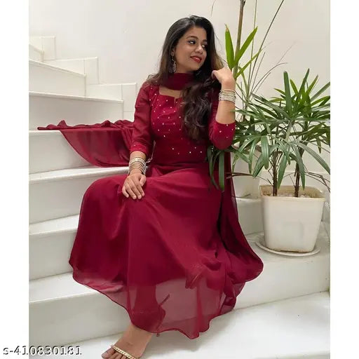 Maroon Georgette Embroidered Gown with Mirror Work - Heavy Fox, XL