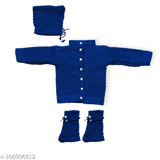 Pink unisex sweater set with cap & socks: Knitted wool, embroidered pattern. Baby clothing, India origin