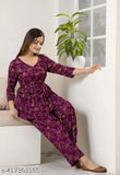 Wine premium rayon women's printed co-ord set with trendy pocket, featuring three-quarter sleeves and pyjama bottoms. Rayon fabric, Indian origin