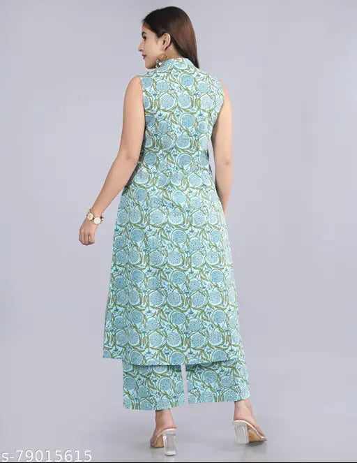 Cotton printed sleeveless kurta with plazzo set, vibrant ethnic Indian wear for women, fine quality cotton cambric fabric