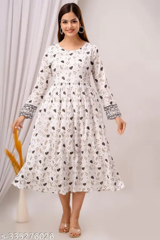 White rayon Anarkali kurtis, long sleeves, printed pattern for women's casual wear, paired with accessories