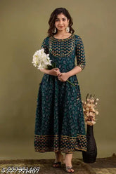 Teal blue ethnic motifs printed anarkali kurta, rayon fabric, three-quarter sleeves, round neck, button detail, ankle length, flared hem
