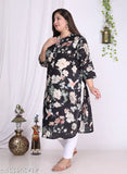 Black plus size floral print cotton kurta, three-quarter sleeves, women's fashion