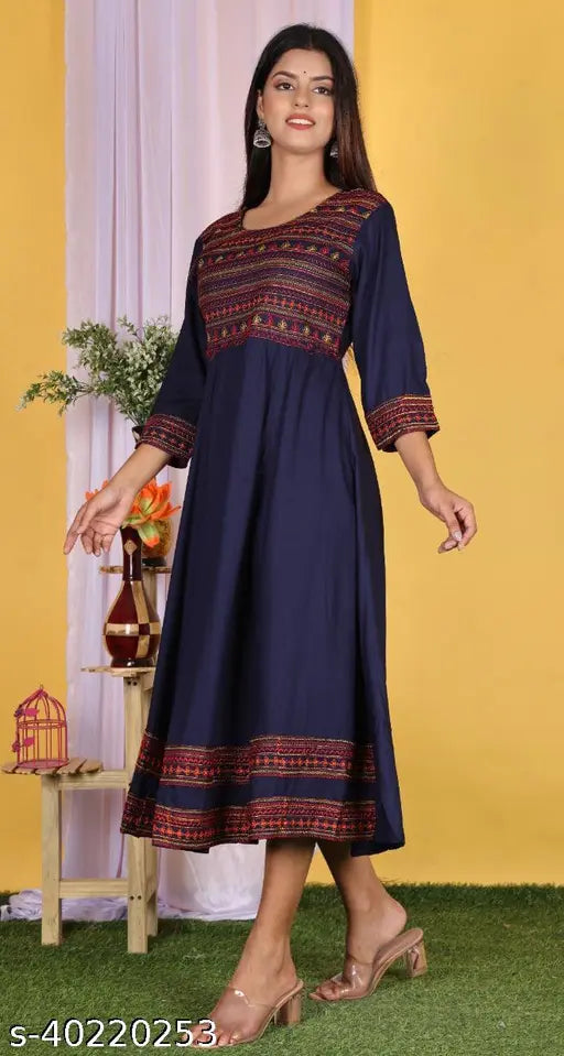 Rayon embroidered long Kurta for women and girls, XL (Bust 42in, Length 50in), versatile for casual, daily, festive, party wear