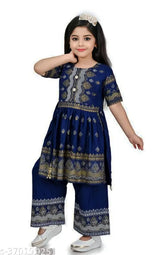 Navy blue printed Rayon palazzos sets for girls party wear, anarkali style with short sleeves and knee length tops