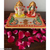 Multicolor Marble Laxmi Ganesh idol set, intricate Rajasthani Meenakari painting on peacock design chowki, 14cm x 9cm x 10cm for Diwali Puja Murti