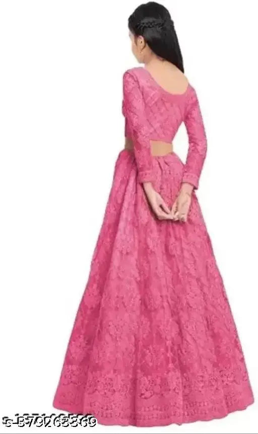Embroidered net lehengha choli with dupatta set for girls, short sleeves, various sizes available (2-14 years), India origin