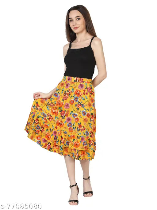 Rayon floral printed yellow ruffle skirt, elasticated waistband for casual parties and get-togethers