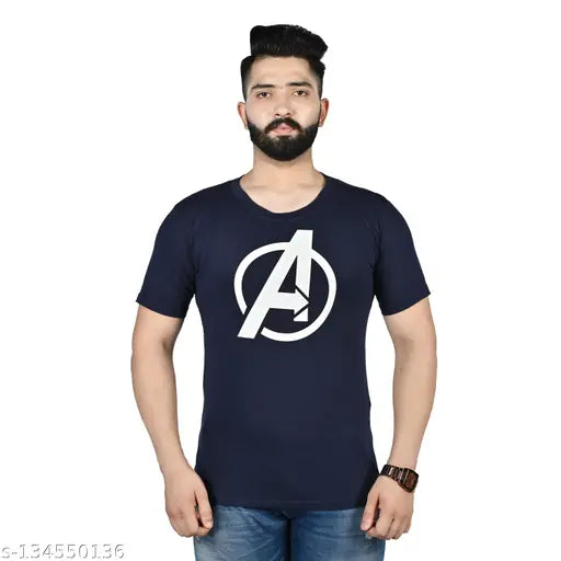 Navy chiffon Avengers printed round neck half-sleeve T-shirt for men, featuring trendy fashion style and comfy fit. Made in India, available in sizes S-XXL (Chest sizes: 36in, 38in, 40in, 42in, 44in)