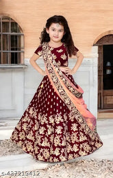 Embroidered taffeta lehenga for kids (5 year), net dupatta with floral stitch, short sleeves