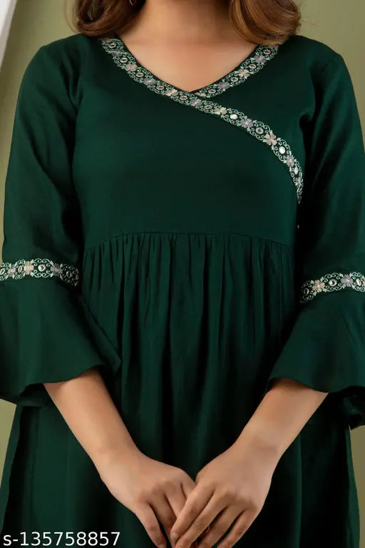 Dark green rayon bell sleeve top with embroidered net, perfect for women's fashion. Made in India