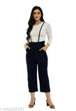 Navy blue cotton blend dungaree dress set with white full sleeve t-shirt, solid pattern for women's casual wear on display