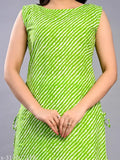 Stitched green Lehriya kurti with cotton white bottom Palazzo - vibrant, printed, Indian ethnic designer outfit for women, sleeveless, bell-shaped flower adornments