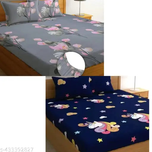Hom Style 2 Fitted Elastic Cotton Double Bedsheet Set, floral pattern, ultra-soft fabric, 4 pillow covers, ideal for AC rooms